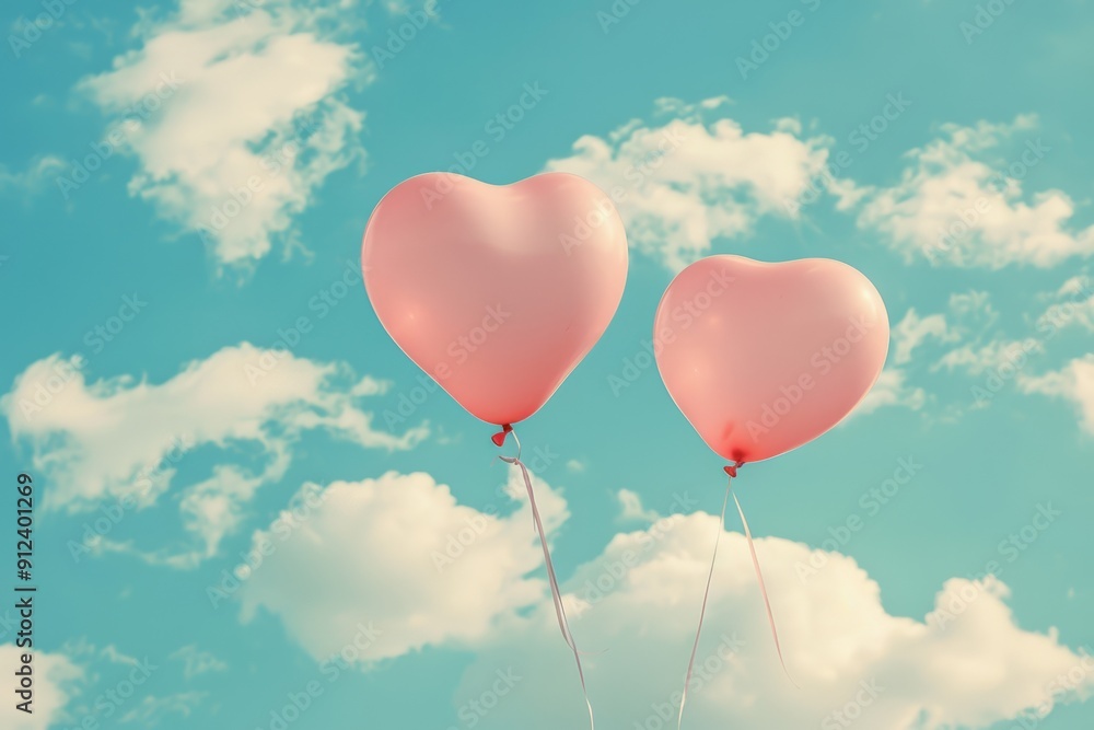 Two heart-shaped balloons floating in a clear blue sky with fluffy white clouds, symbolizing love and joy. Two heart-shaped balloons floating in a clear blue sky with fluffy white clouds, symbolizing love and joy.