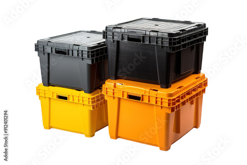 A Stack of Yellow and Black Plastic Storage Containers Against a White Background on a White or Clear Surface PNG Transparent Background