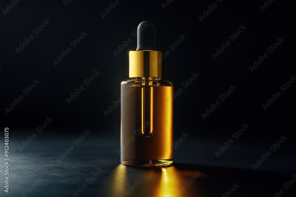 cosmetic serum essence oil bottle with pipette, black creative background. cosmetology product. cosmetic serum essence oil bottle with pipette, black creative background. cosmetology product.