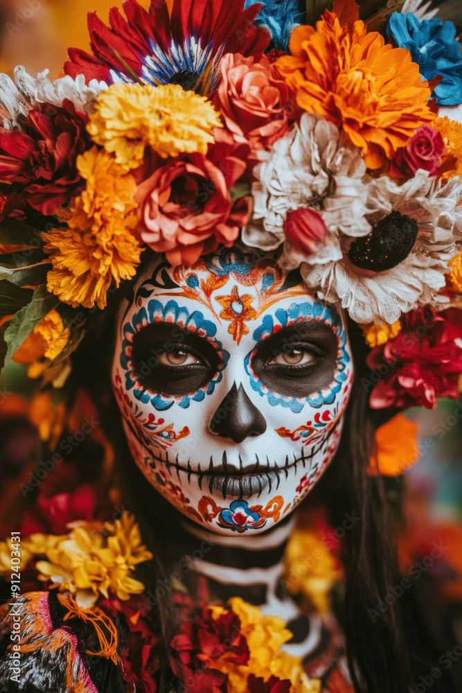 Young woman is wearing traditional day of the dead makeup and a crown of colorful flowers Young woman is wearing traditional day of the dead makeup and a crown of colorful flowers