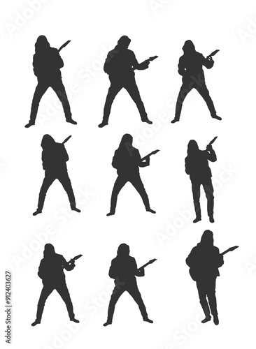 Silhouette of Long Haired Guitarist. People playing musical instruments
