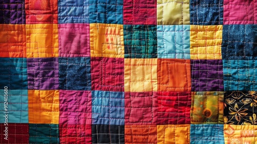 A patchwork quilt with brightly colored squares of fabric sewn together.