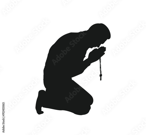 Silhouette of Man Praying on the Knees. Culture and religion concept vector