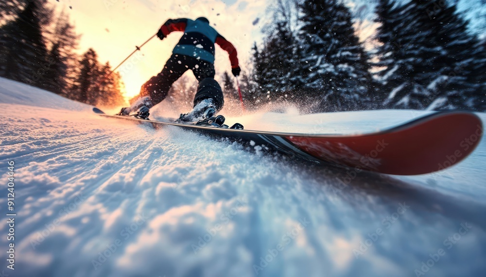 Naklejka premium Skiing downhill, dynamic action, vibrant colors, snowy setting, energetic