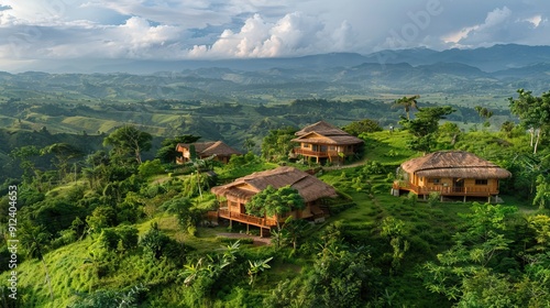 Fototapeta Naklejka Na Ścianę i Meble -  A lush green landscape with a cottage nestled in nature. AI generated illustration
