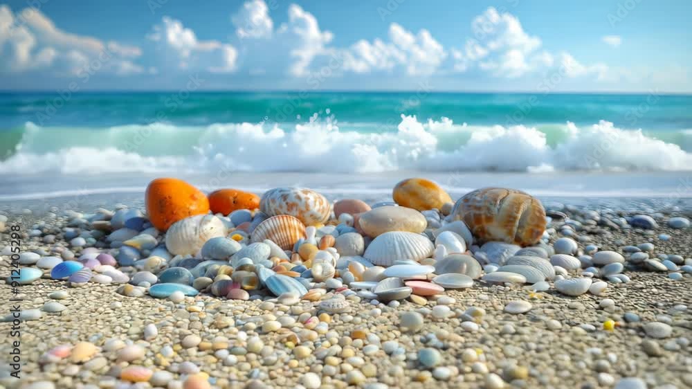Vibrant beach with seashells and pebbles by crashing waves Vibrant beach with seashells and pebbles by crashing waves