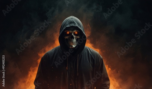 Mysterious hooded figure with a skull face surrounded by orange smoke on a dark background, concept of horror and fantasy