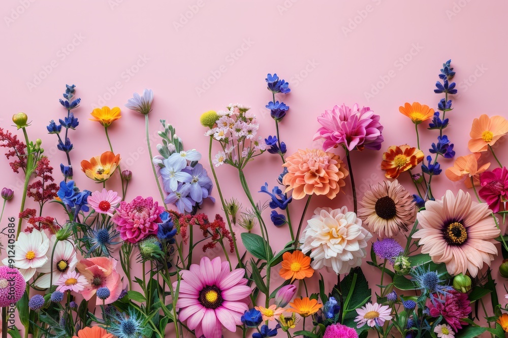 A vibrant array of different flowers arranged in a line against a pink background, showcasing a variety of colors and types. A vibrant array of different flowers arranged in a line against a pink background, showcasing a variety of colors and types.