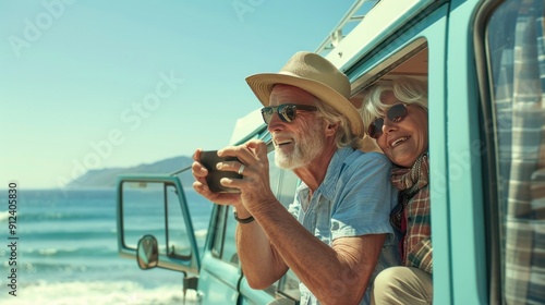 A senior couple traveling is taking a picture of the ocean from the back of a car