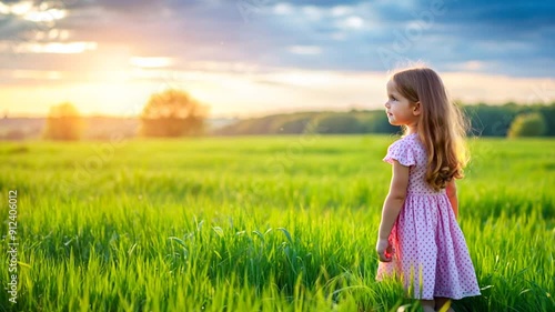 Little Girl in Pink Dress Standing in a Field at Sunset.