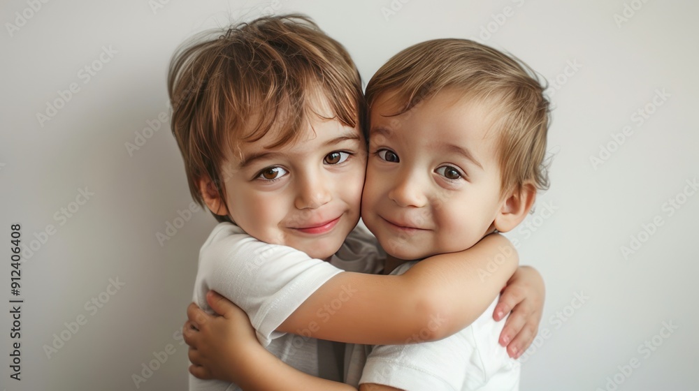 Two young boys hug each other with big smiles on their faces Two young boys hug each other with big smiles on their faces