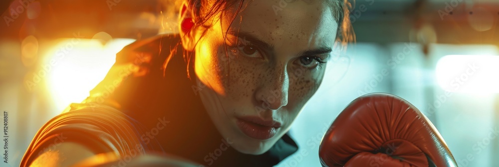 Naklejka premium Intense female boxer practicing in gym under dramatic lighting during evening training session