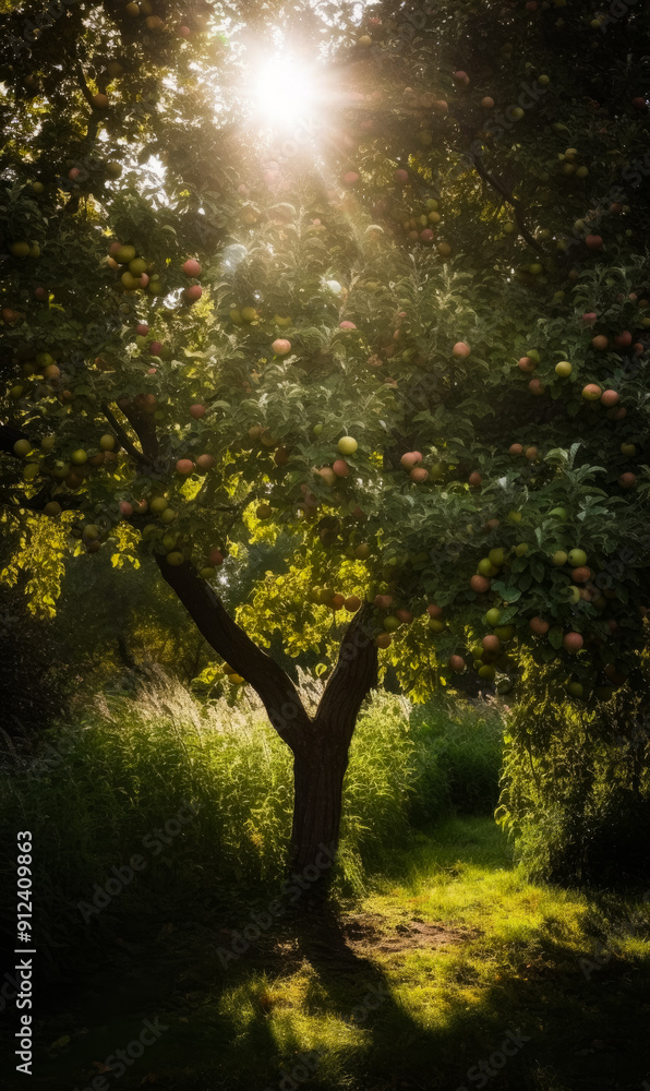 A tree with many apples on it is in the sun. The sun is shining brightly on the tree, making the apples look ripe and delicious. A tree with many apples on it is in the sun. The sun is shining brightly on the tree, making the apples look ripe and delicious.