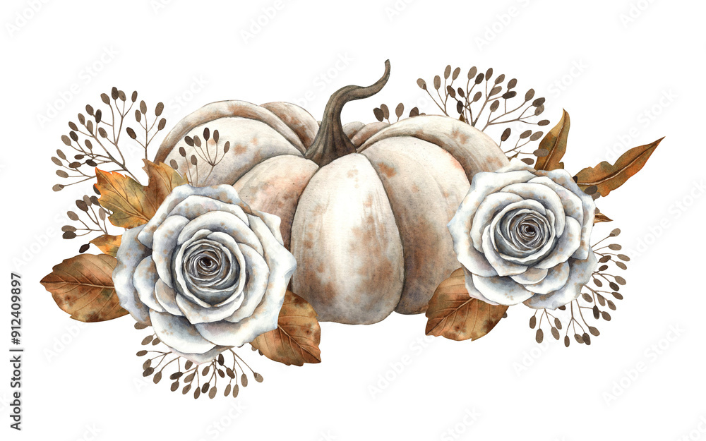 Fototapeta premium White pumpkin with autumn leaves, various dry branches and white roses. Hand-drawn watercolor illustration in autumn style. The picture is suitable for Halloween, Thanksgiving, cards, packaging