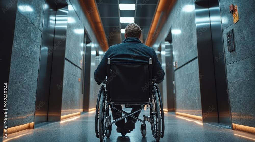 Accessible Technology: Close-up of Man in Wheelchair Using Modern Elevator for Disability Access Accessible Technology: Close-up of Man in Wheelchair Using Modern Elevator for Disability Access