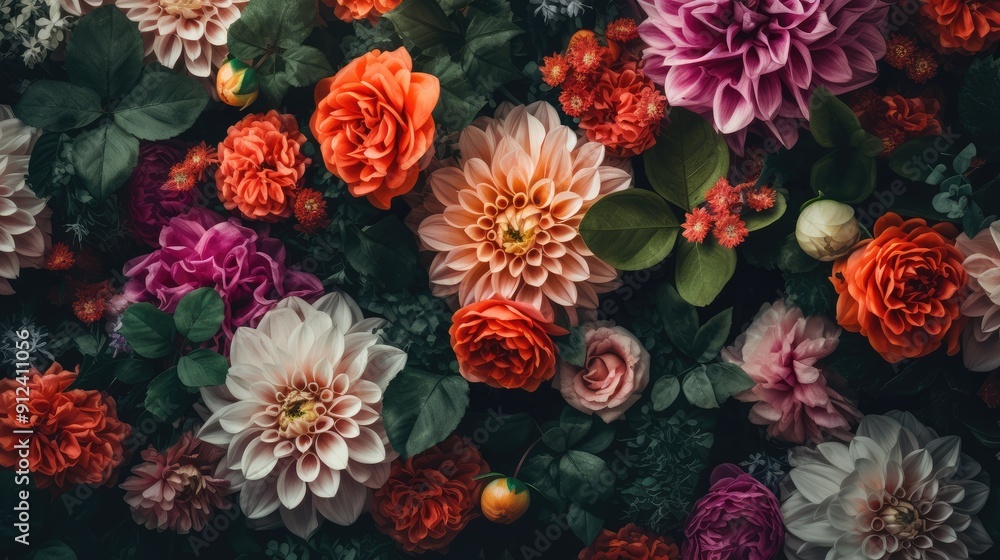 Naklejka premium Gorgeous floral background with lush greenery and bright beautiful flowers, wallpaper texture, decorative design. 