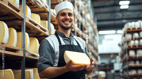 A cheesemaker, wearing a white shirt and a white hat holding a round of aged cheese in the warehouse. Generative AI.