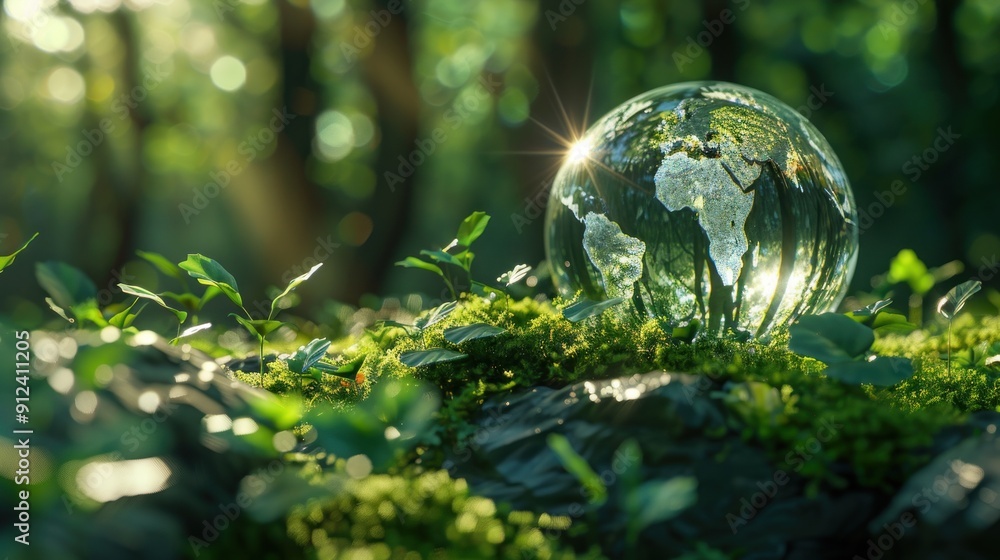 A glass globe with a green planet inside is surrounded by green plants and moss A glass globe with a green planet inside is surrounded by green plants and moss