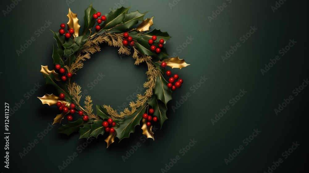 Christmas wreath with holly, red berries, greenery and golden leaves on emerald green backdrop. Christmas wreath with holly, red berries, greenery and golden leaves on emerald green backdrop.