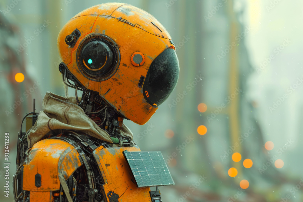 A robot with a yellow helmet and a black body. The robot is standing in front of a building with a cloudy sky in the background A robot with a yellow helmet and a black body. The robot is standing in front of a building with a cloudy sky in the background