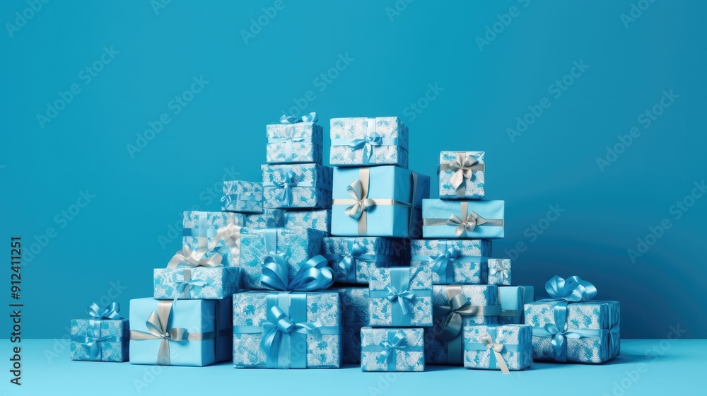 Pile of wrapped presents in shades of blue on pale blue backdrop. Pile of wrapped presents in shades of blue on pale blue backdrop.