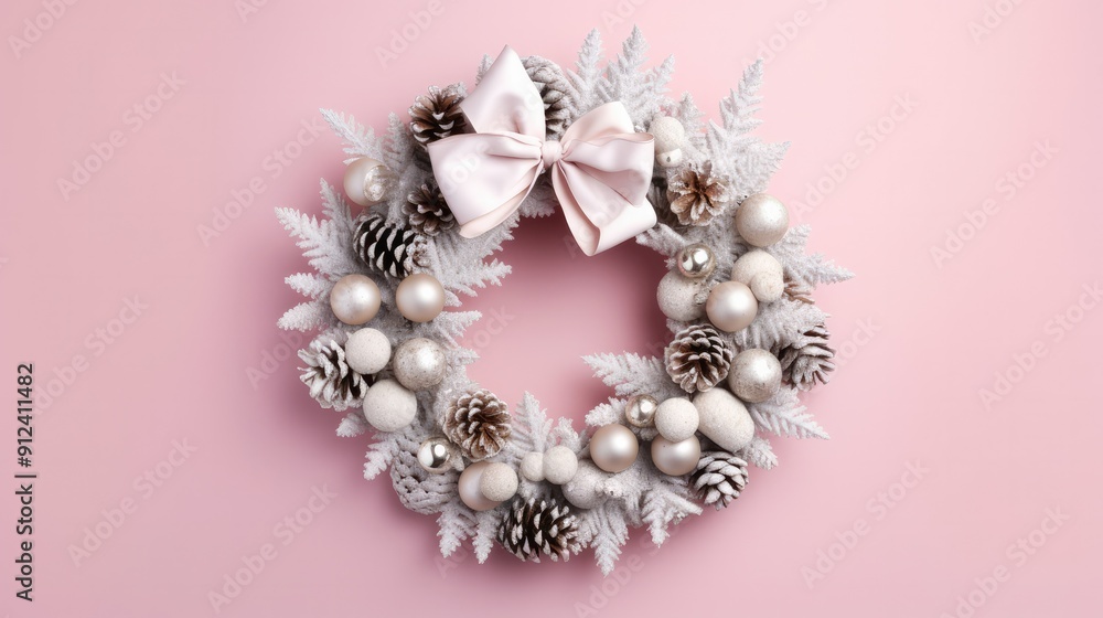 White christmas wreath made of frosted pinecones, pine, pastel balls and pink bow on pastel pink backdrop. White christmas wreath made of frosted pinecones, pine, pastel balls and pink bow on pastel pink backdrop.