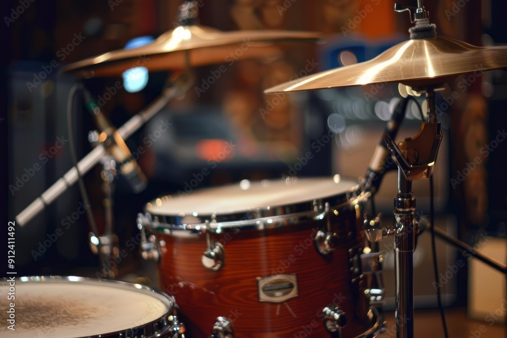 Naklejka premium Professional drum set is shown on stage, awaiting the start of a recording session