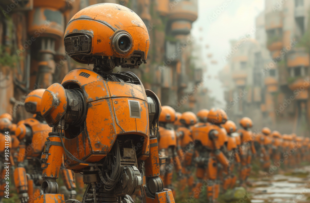 A group of orange robots are marching down a street. The robots are all the same size and color, and they are lined up in a row. The scene is set in a futuristic city A group of orange robots are marching down a street. The robots are all the same size and color, and they are lined up in a row. The scene is set in a futuristic city