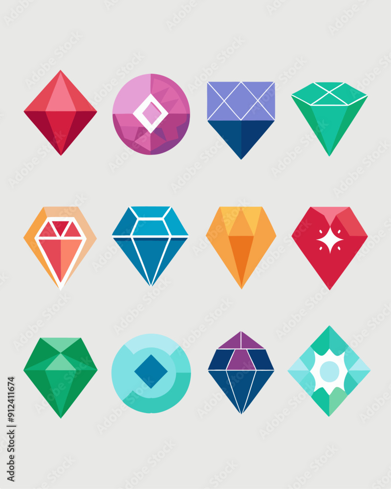 A set of 12 colorful diamond icons, perfect for adding a touch of sparkle to your designs. These flat, vector illustrations are ideal for website and app design, social media graphics, and more. A set of 12 colorful diamond icons, perfect for adding a touch of sparkle to your designs. These flat, vector illustrations are ideal for website and app design, social media graphics, and more.