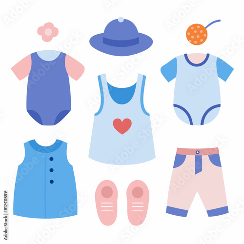 A set of cute and colorful baby clothes, perfect for a new arrival or for a special occasion. This adorable set includes a romper, a tank top, a dress, shorts, a hat, a flower, and shoes.