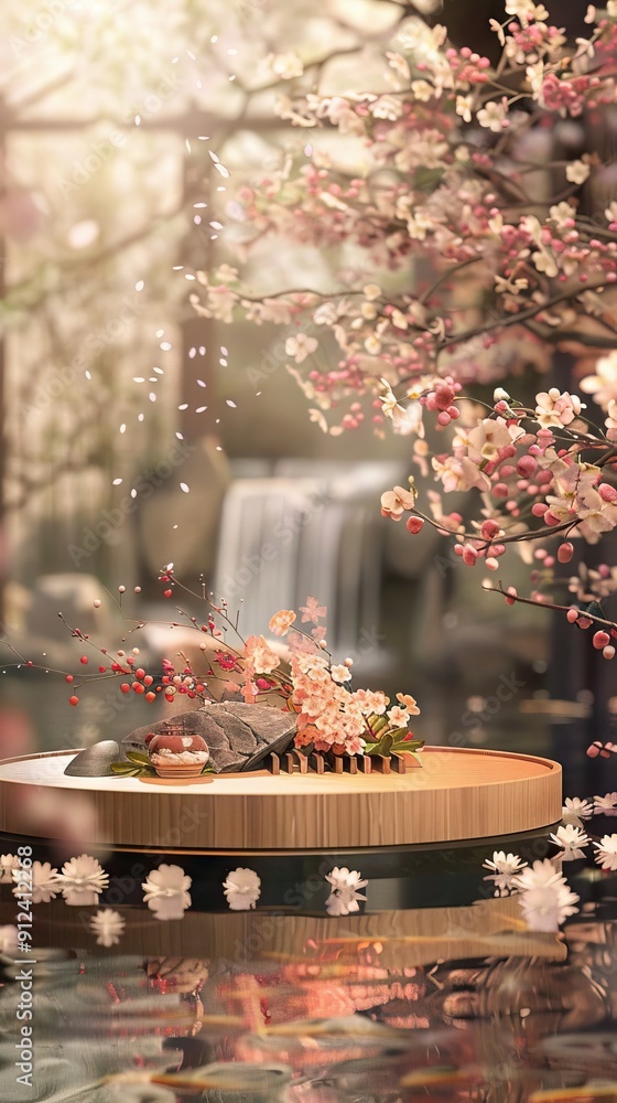 Podium with Cherry and Dawn Light, Fresh Berry Display, Natural Outdoor Backdrop. AI generated illustration Podium with Cherry and Dawn Light, Fresh Berry Display, Natural Outdoor Backdrop. AI generated illustration