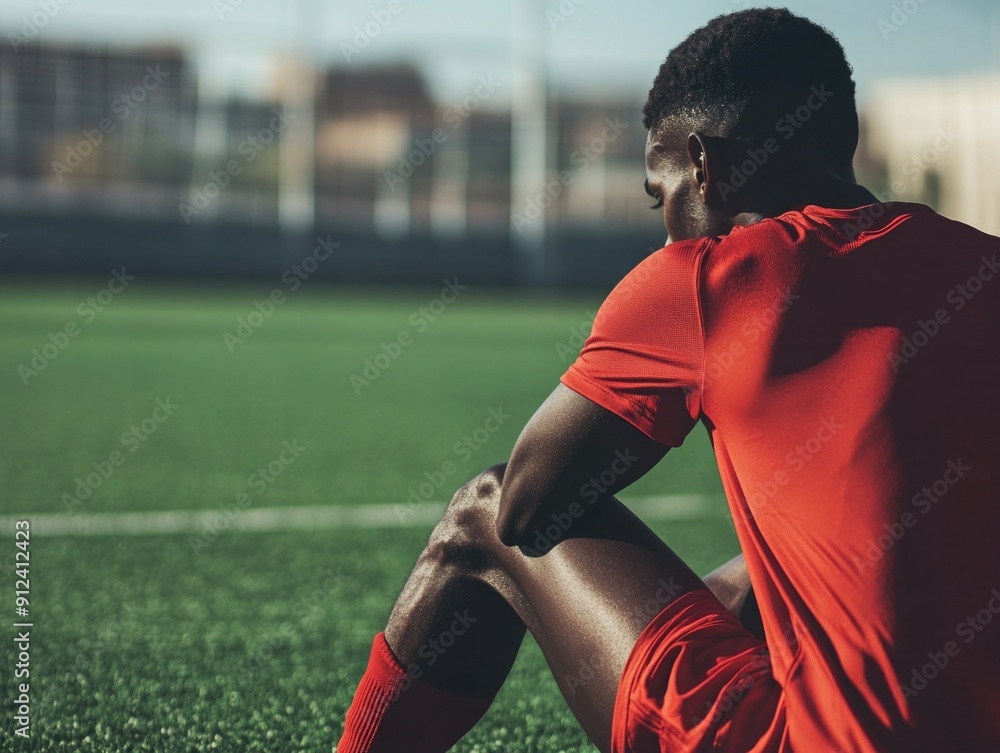 Obraz premium A person sitting on a soccer field with their legs crossed, potentially waiting for the game to start or taking a break
