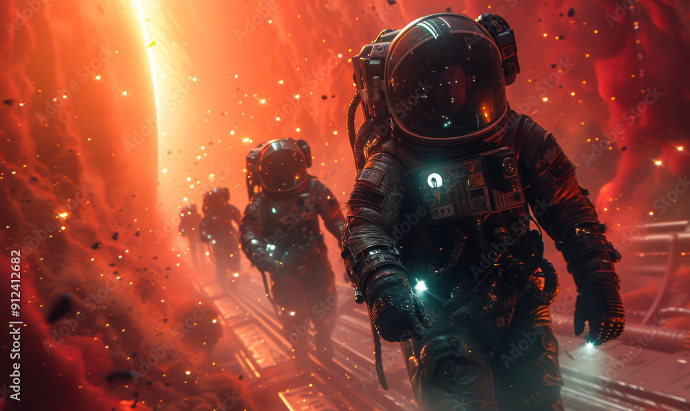 A group of astronauts are walking through a red, rocky planet. The scene is set in a futuristic world with a sense of adventure and exploration. A group of astronauts are walking through a red, rocky planet. The scene is set in a futuristic world with a sense of adventure and exploration.