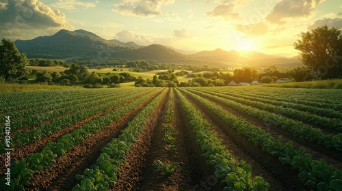 Lush Green Agricultural Field at Sunrise, Scenic Rural Landscape, Perfect for Nature and Farming Content