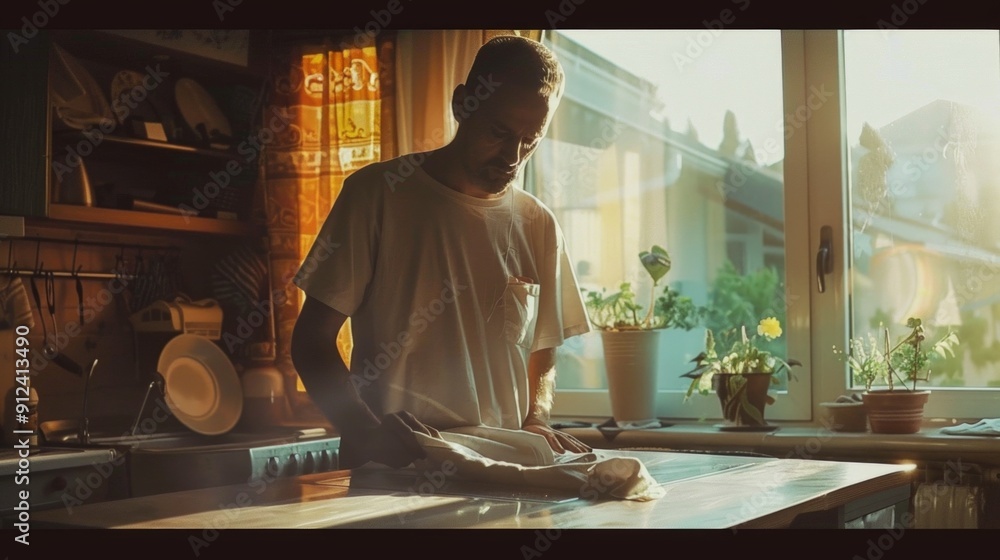 In a sunlit kitchen, a man dries a knife, surrounded by cozy decor and plants. The well-equipped space exudes warmth and tranquility. In a sunlit kitchen, a man dries a knife, surrounded by cozy decor and plants. The well-equipped space exudes warmth and tranquility.