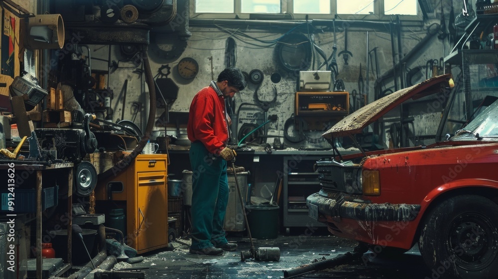 Elderly man in cluttered auto shop, red shirt, green pants, using tools near old red car. Background blurry, highlighting man's work environment. Elderly man in cluttered auto shop, red shirt, green pants, using tools near old red car. Background blurry, highlighting man's work environment.