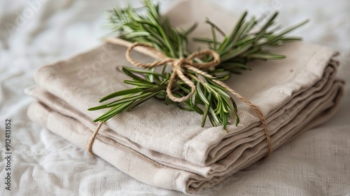 Crisp linen napkins tied with twine and sprigs of rosemary. 