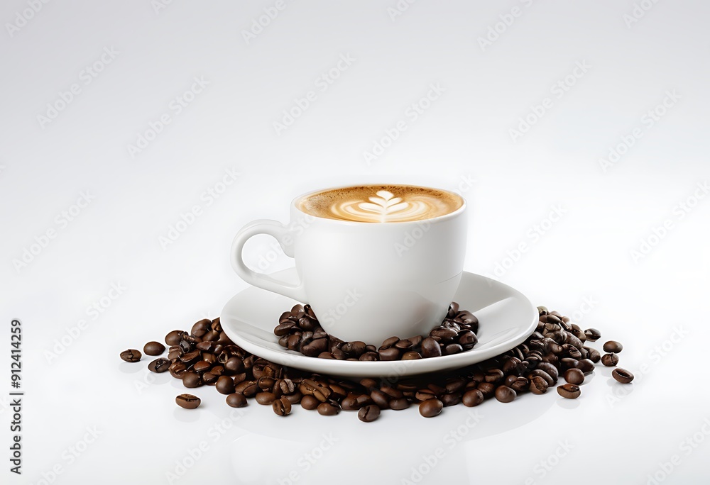A cup of coffee, Espresso coffee with coffee beans A cup of coffee, Espresso coffee with coffee beans