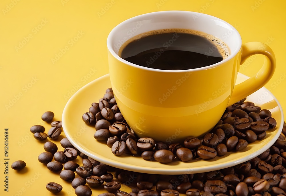 A cup of coffee, Espresso coffee with coffee beans A cup of coffee, Espresso coffee with coffee beans