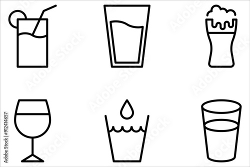 Water glass icon vector set. Drink glass flat line pictogram on white background