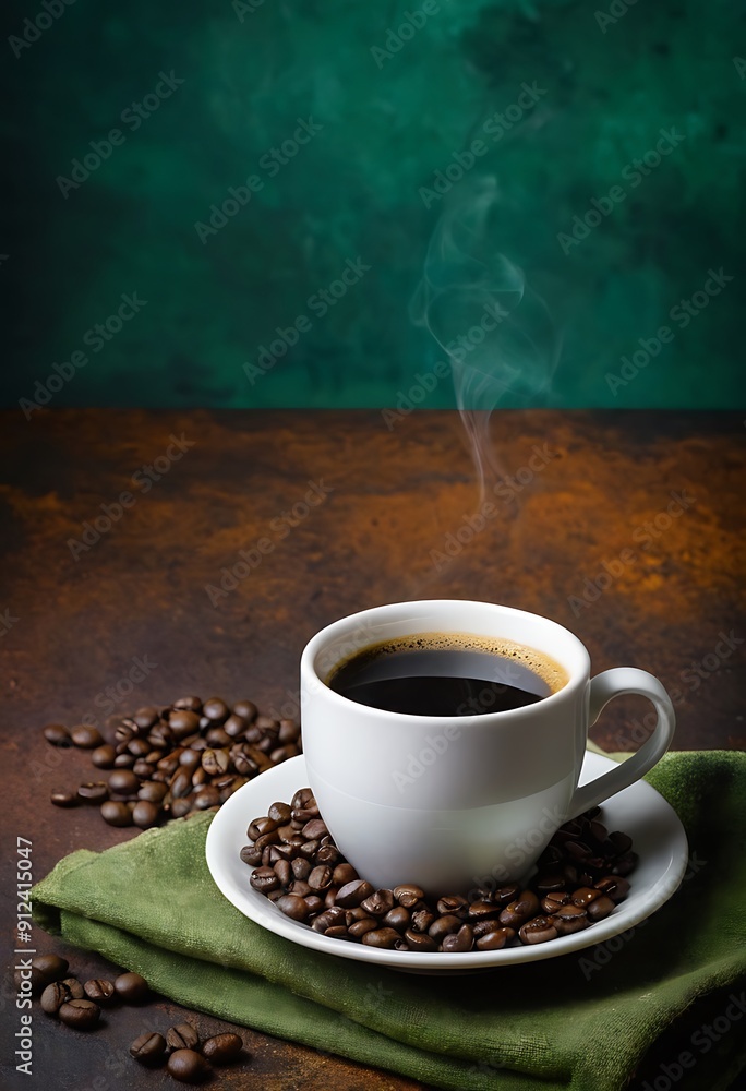A cup of coffee, Espresso coffee with coffee beans A cup of coffee, Espresso coffee with coffee beans