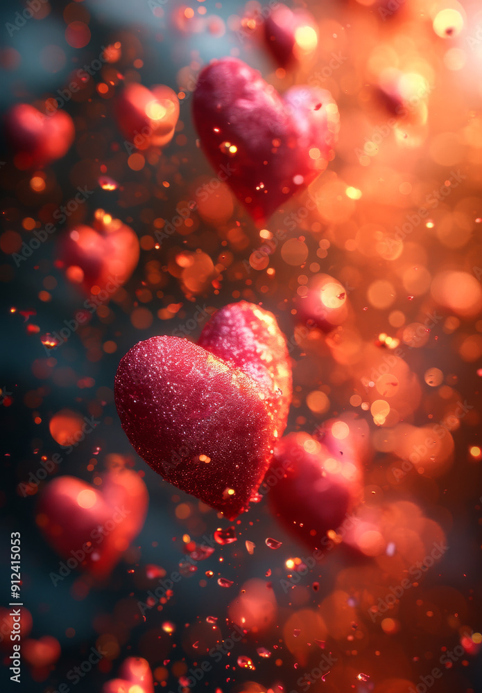 A bunch of red hearts are floating in the air, creating a sense of joy and love. The bright red color of the hearts contrasts with the dark background