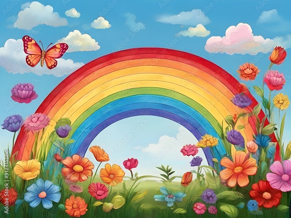 watercolor drawing of butterflies on a field against a background of a rainbow, AI generated watercolor drawing of butterflies on a field against a background of a rainbow, AI generated