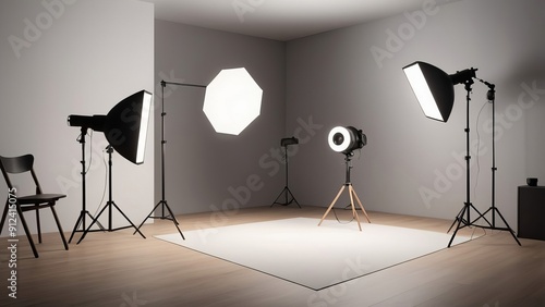 Empty photo studio with lighting equipment. 3D rendering. Mock up