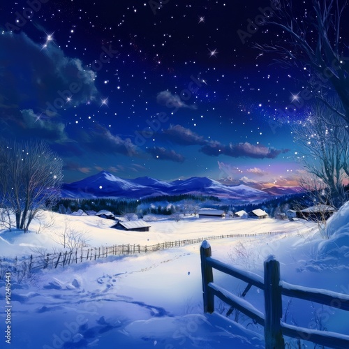 Wallpaper Mural Embracing Winter's Embrace: An Animated Snow Scene Under the Starry Sky, Celebrating the Season's Chill and Wonder Torontodigital.ca