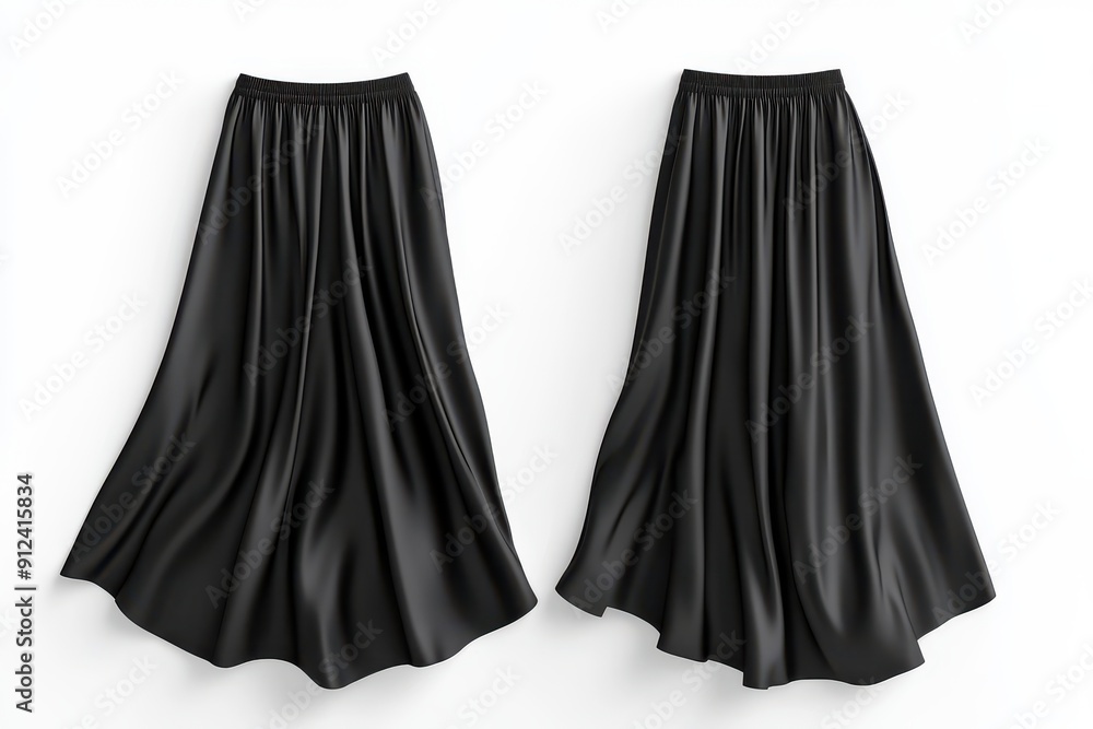 Two long black skirts laid flat on white background