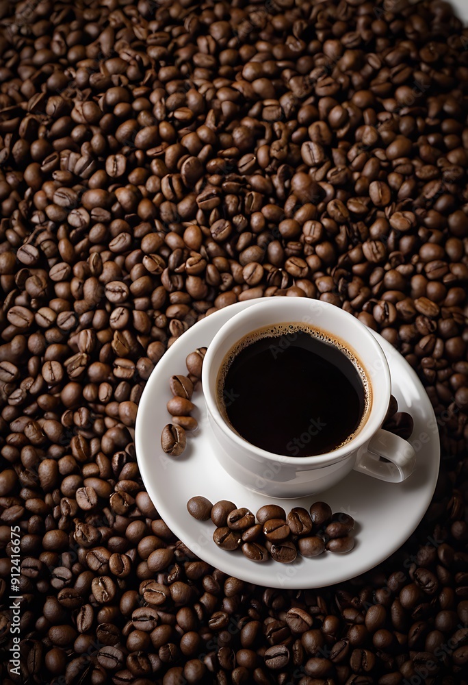 A cup of coffee, Espresso coffee with coffee beans A cup of coffee, Espresso coffee with coffee beans