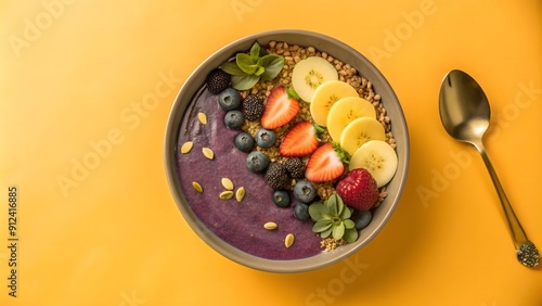 A top-down view of a smoothie bowl made with acai, topped with granola, fresh berries, banana slices, and chia seeds. The bowl is placed on a white marble countertop with a few whole fruits and a spoo photo