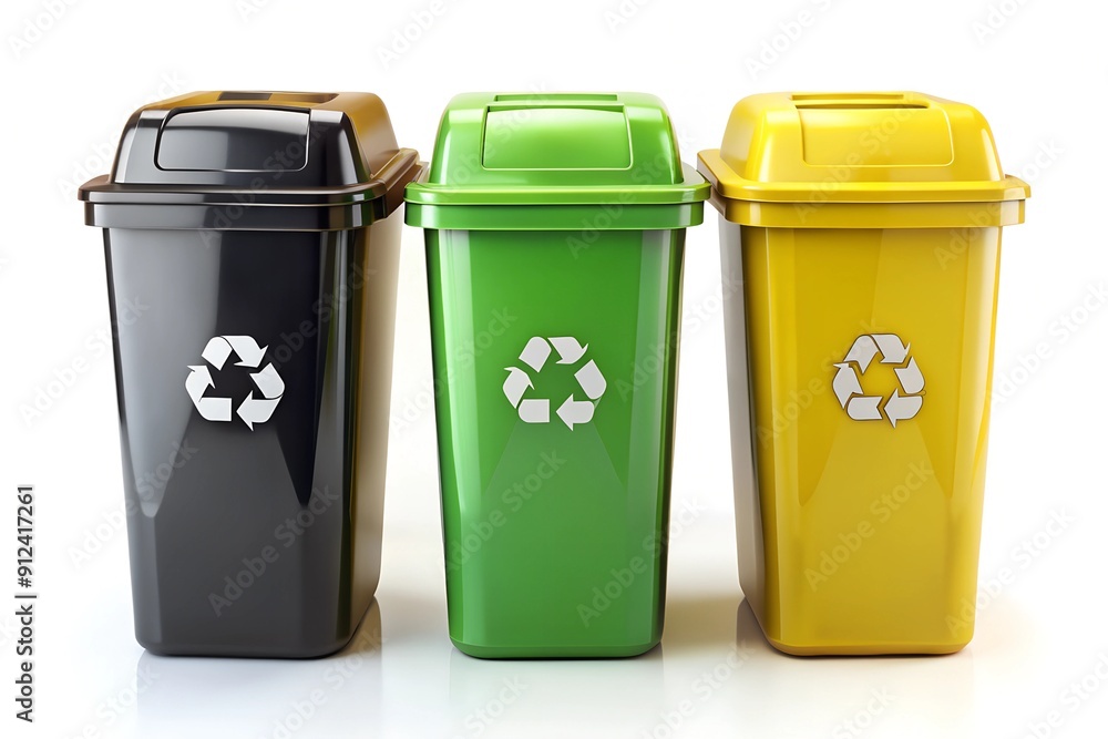 Collection of three recycling bins in different colors (black, green and yellow) isolated on a white background Collection of three recycling bins in different colors (black, green and yellow) isolated on a white background