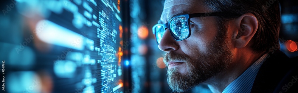 Cyber Security Expert Analyzing Threats in High-Tech Environment Cyber Security Expert Analyzing Threats in High-Tech Environment